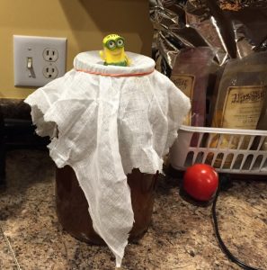 Freshly made Kombucha fermenting on the counter with a happy minion!