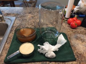 Mother Culture, cup of raw sugar, gallon jar, and tea ball.